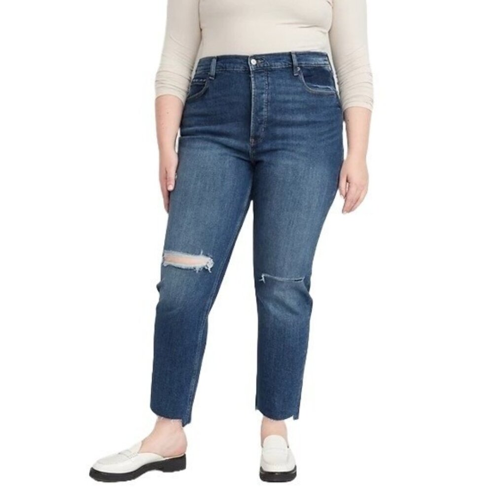 Old Navy Sky Hi Straight Jeans Plus Size 20 Extra High Rise Destroy Hem Hack